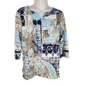 Chico's Women Top Size 0 Small Split V Neck 3/4 Sleeve Printed Knit Multicolor